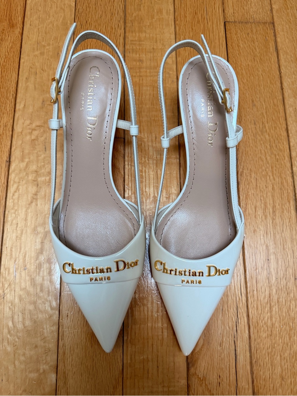 Dior Ivory Pointed Slingback Pumps with Gold Logo